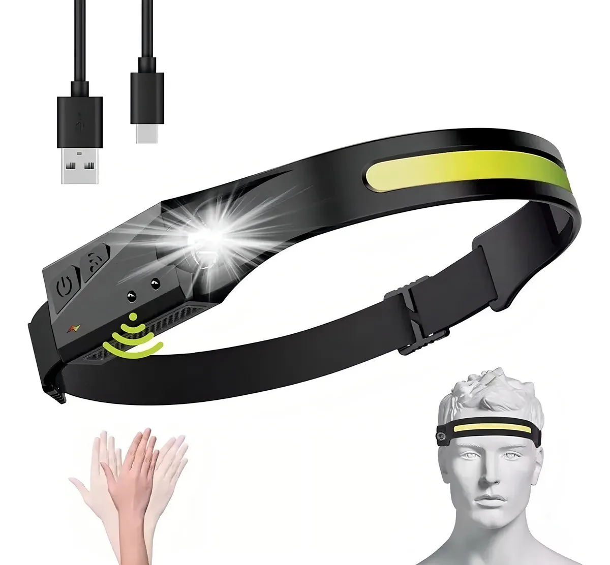 LINTERNA CINTILLO RECARGABLE FOCO CABEZA Y LATERAL CON SENSOR